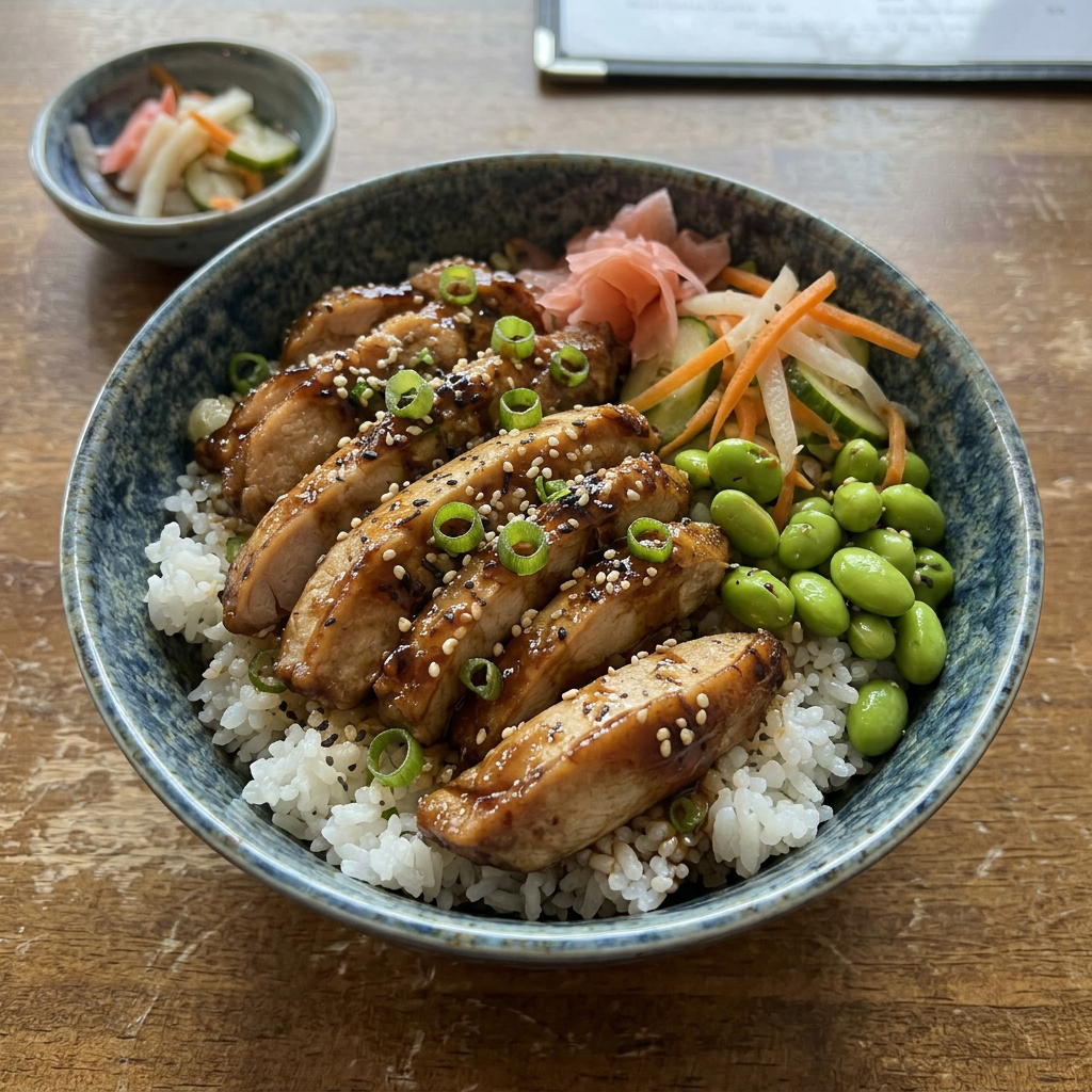 Teriyaki chicken rice bowl with edamame and pickled vegetables
