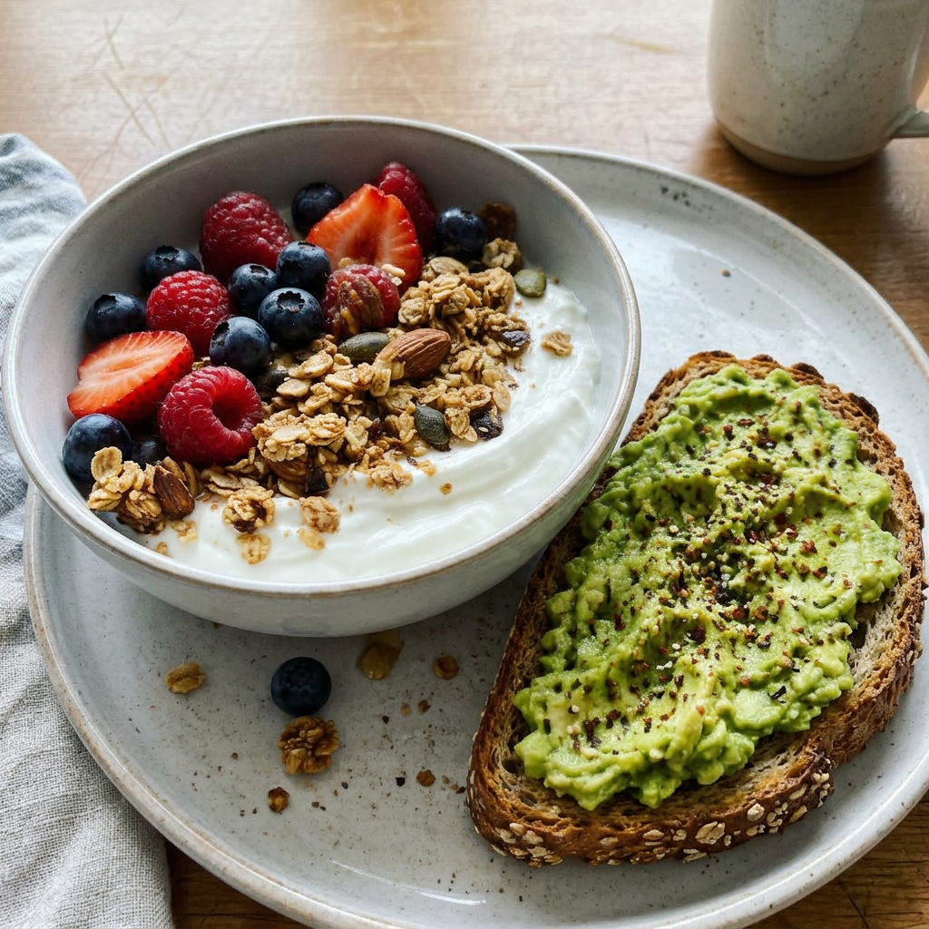 Healthy breakfast of yogurt, berries, granola and avocado toast