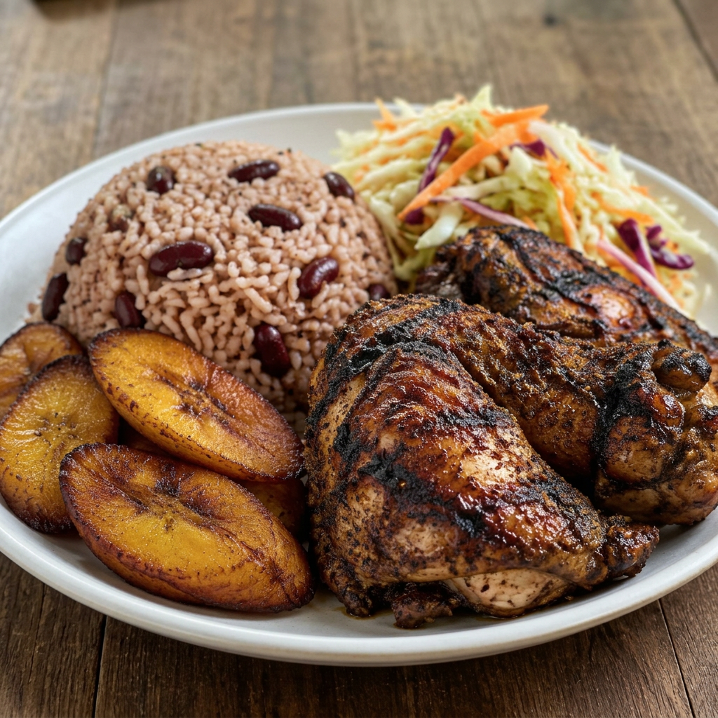 Jamaican jerk chicken with rice and peas, plantains and slaw
