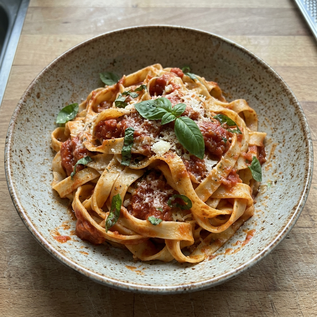 Tagliatelle pasta with tomato basil sauce and parmesan