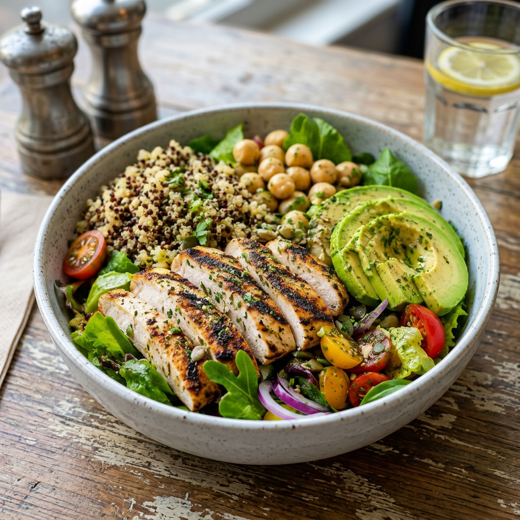 High-protein salad bowl with chicken, quinoa, chickpeas and avocado