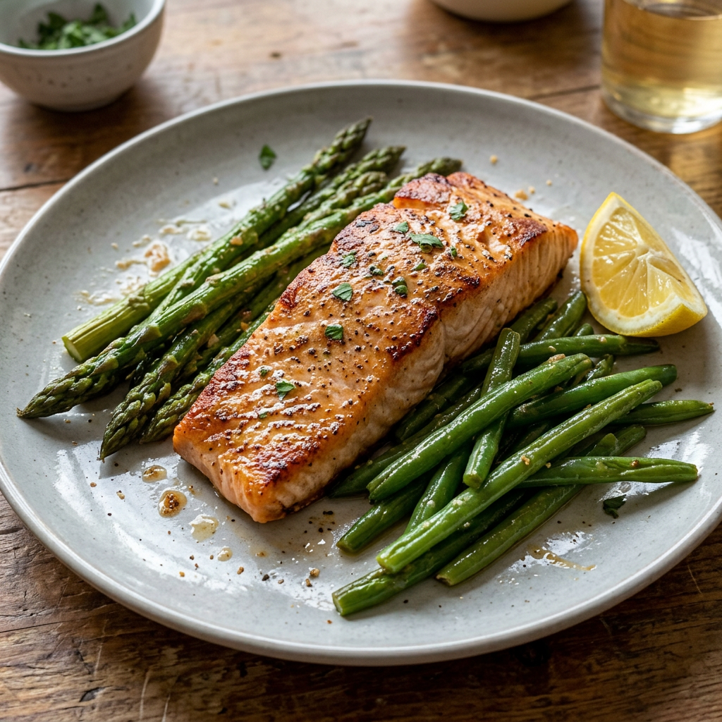 Pan-seared salmon with asparagus, green beans and lemon