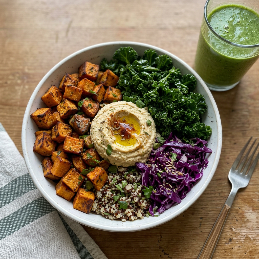 Vegan Buddha bowl with sweet potato, hummus, kale and a green smoothie
